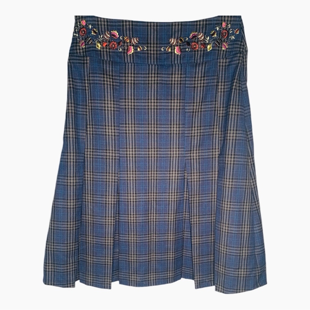 Oilily Wool Skirt Blue Plaid Pleated Embroidered Waist Size XS 4 NWT $275